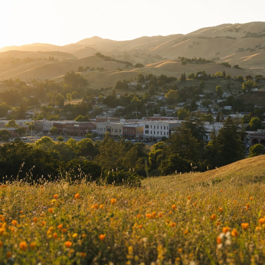 Golden California hills above a small-town main street